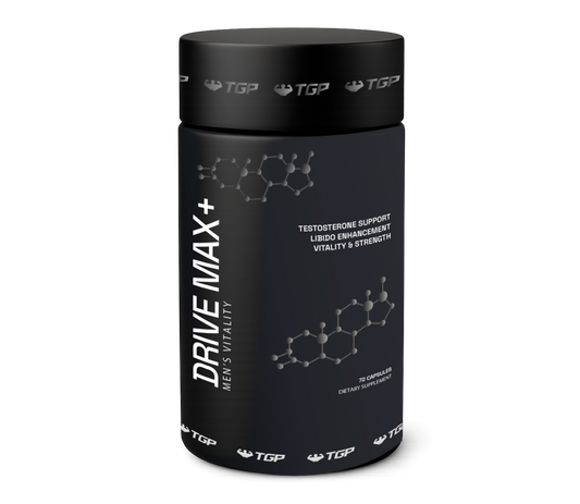 Black supplement container labeled 'Drive Max+' on a white background